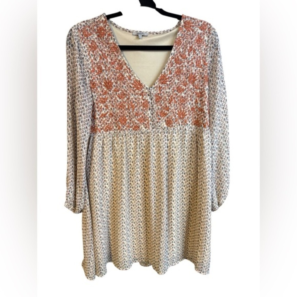 JODIFL Orange Pink Graphic Tunic Dress 3/4 Sleeve Embroidered Small